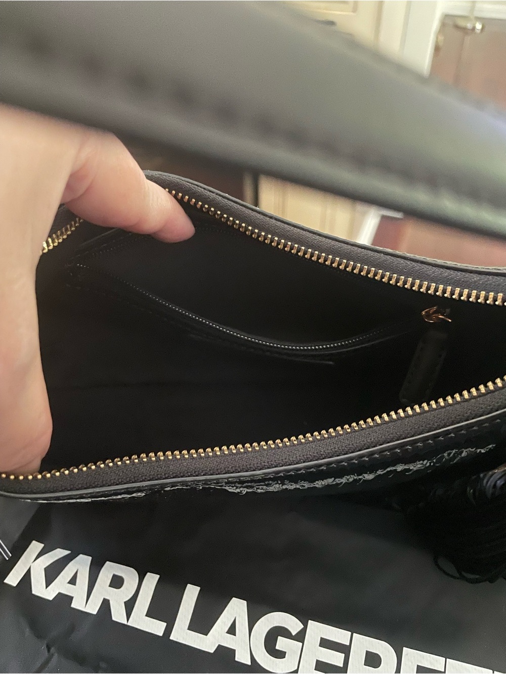 Karl Lagerfeld Black Patent Embroidered Tassel Shoulder Bag - Picture 8 of 8